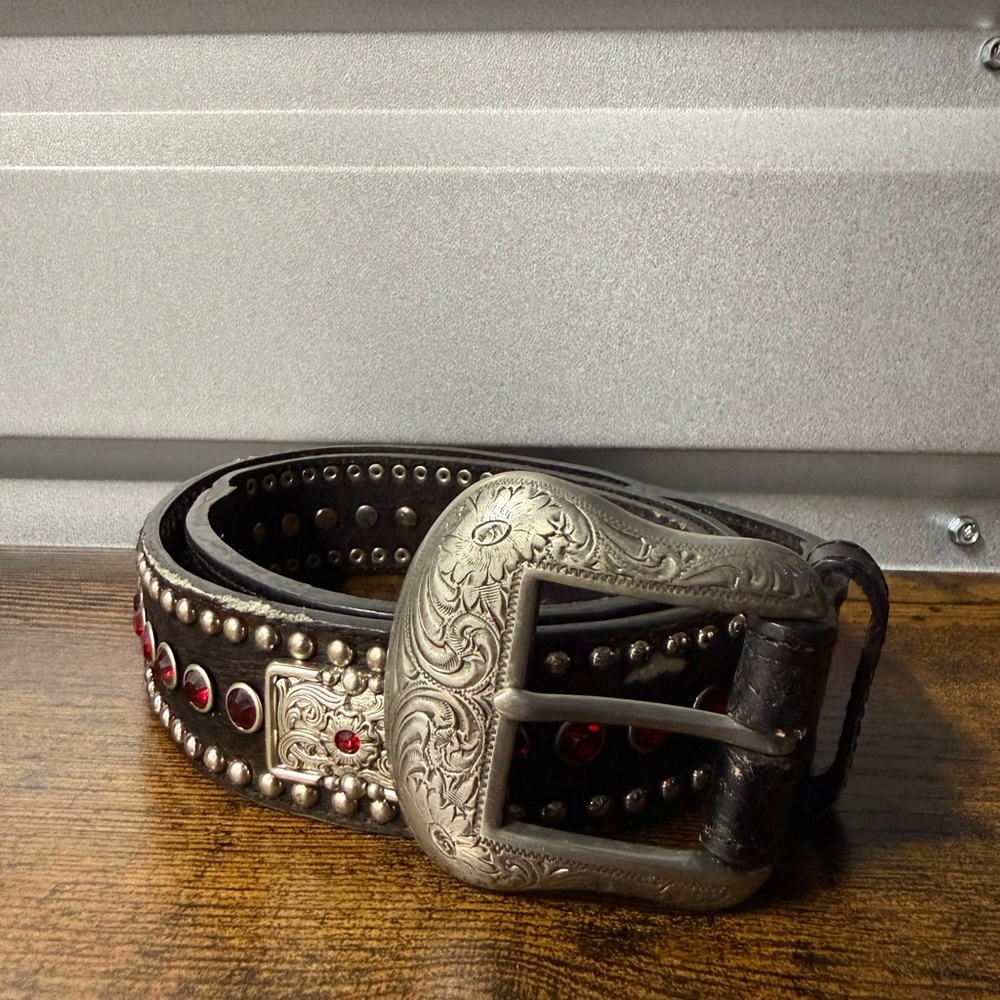 Nocona Womens L Leather Red Rhinestone Belt Black Western Festival Cowgirl 36